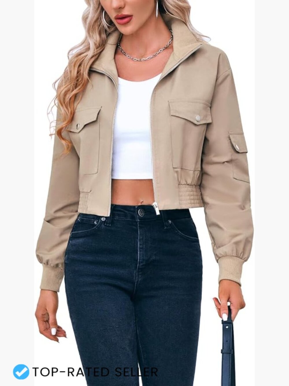 Womens Cropped Bomber Jacket Lightweight Zip Up Casual Outerwear Long Sleeve